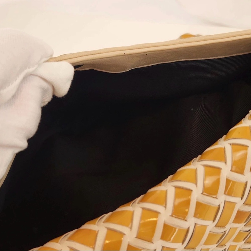 Bally Hand Bag Top Handle Braided Leather Purse Turn Lock Cream and Yellow - Picture 10 of 14